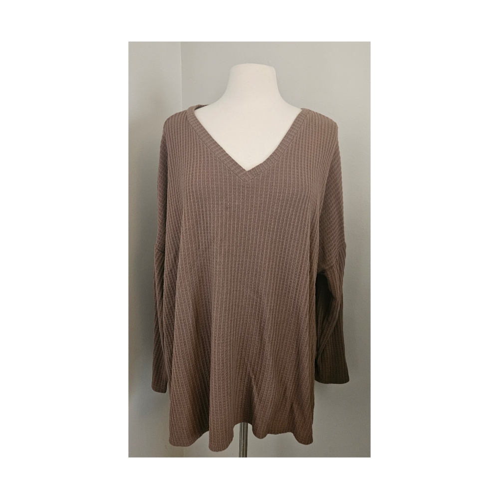 Zenana Waffle Knit VNeck Tunic Top TAUPE 2X